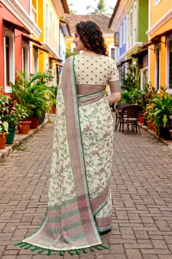 Sangam prints green cotton blend woven work traditional saree