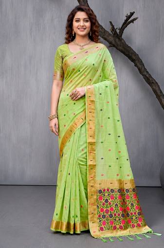 Sangam prints green cotton blend woven work traditional saree
