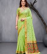 Sangam prints green cotton blend woven work traditional saree