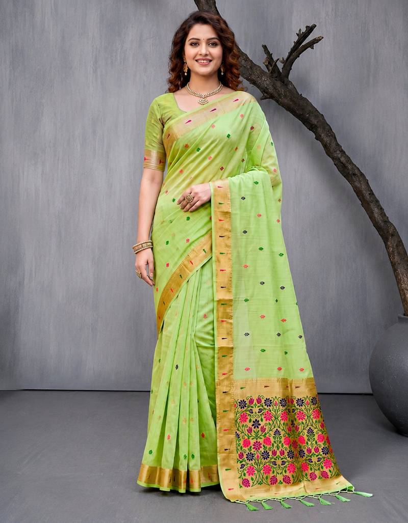 Sangam prints green cotton blend woven work traditional saree