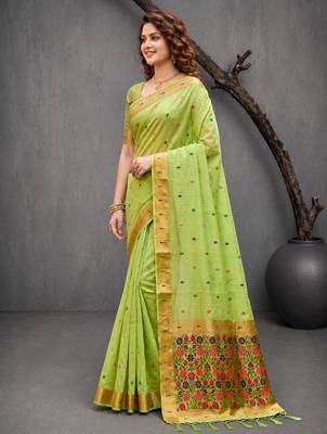 Sangam prints green cotton blend woven work traditional saree 2
