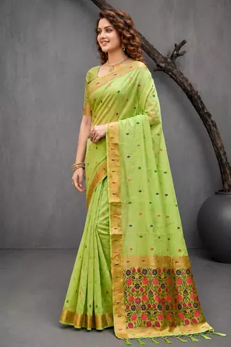 Sangam prints green cotton blend woven work traditional saree
