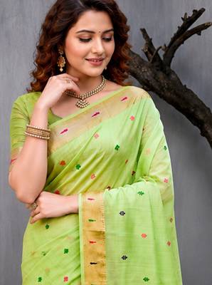 Sangam prints green cotton blend woven work traditional saree 3