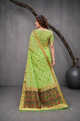 Sangam prints green cotton blend woven work traditional saree 4