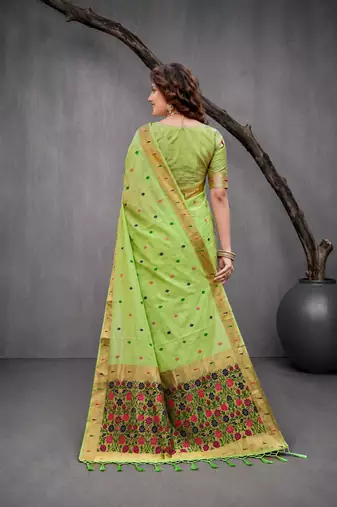 Sangam prints green cotton blend woven work traditional saree