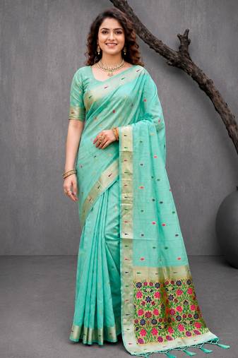 Sangam prints mint green cotton blend woven work traditional saree