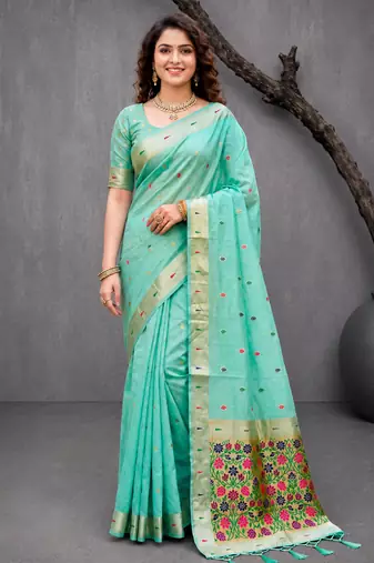 Sangam prints mint green cotton blend woven work traditional saree
