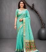 Sangam prints mint green cotton blend woven work traditional saree