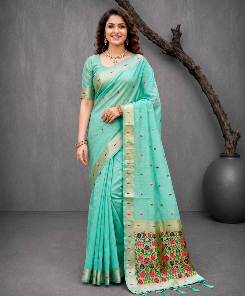 Sangam prints mint green cotton blend woven work traditional saree