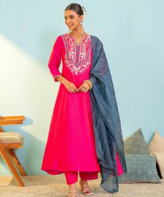 Women's Beautiful Embroidery Work Gold Silk Fabric Flared Anarkali Pant and Dupatta Set 1