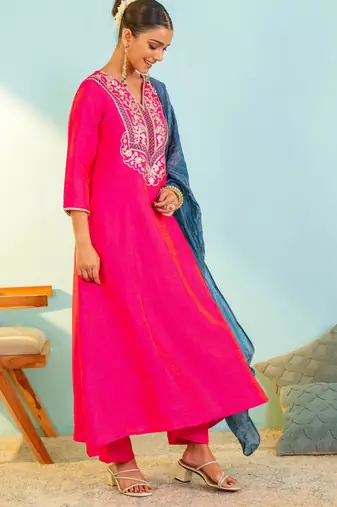 Women's Beautiful Embroidery Work Gold Silk Fabric Flared Anarkali Pant and Dupatta Set