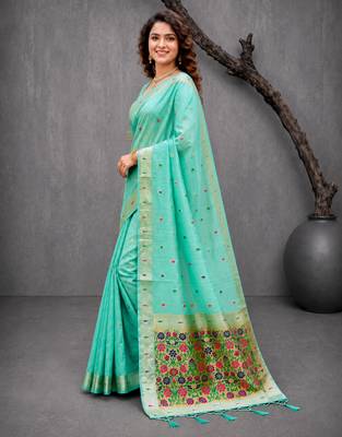 Sangam prints mint green cotton blend woven work traditional saree 2