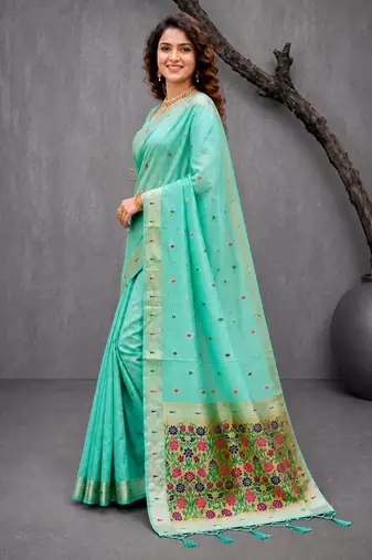 Sangam prints mint green cotton blend woven work traditional saree