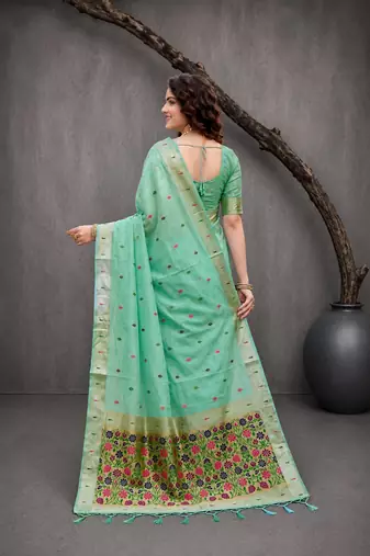 Sangam prints mint green cotton blend woven work traditional saree