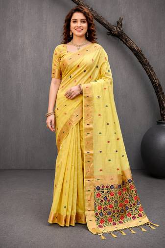 Sangam prints yellow cotton blend woven work traditional saree