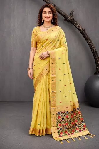 Sangam prints yellow cotton blend woven work traditional saree