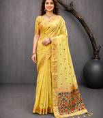 Sangam prints yellow cotton blend woven work traditional saree