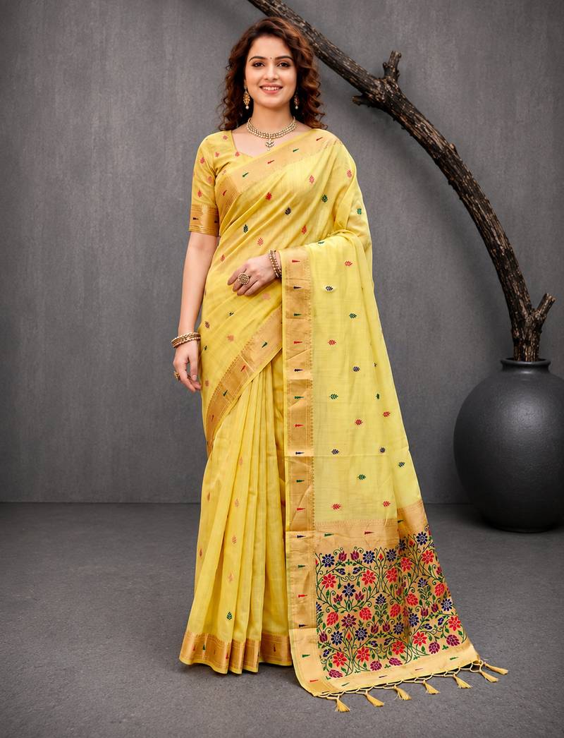 Sangam prints yellow cotton blend woven work traditional saree