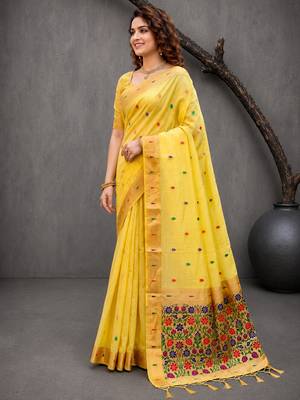 Sangam prints yellow cotton blend woven work traditional saree 2