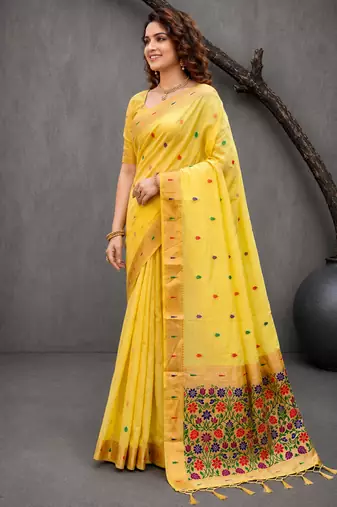Sangam prints yellow cotton blend woven work traditional saree