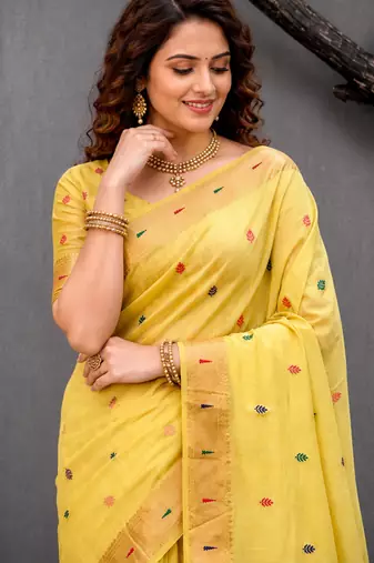 Sangam prints yellow cotton blend woven work traditional saree