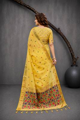 Sangam prints yellow cotton blend woven work traditional saree 4