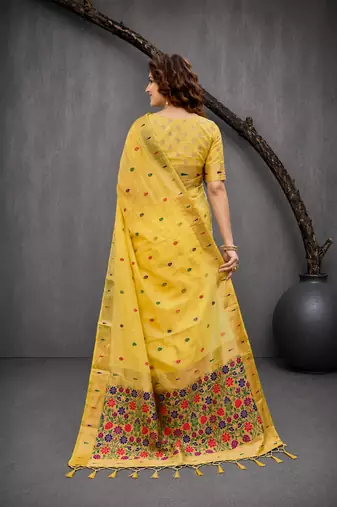 Sangam prints yellow cotton blend woven work traditional saree
