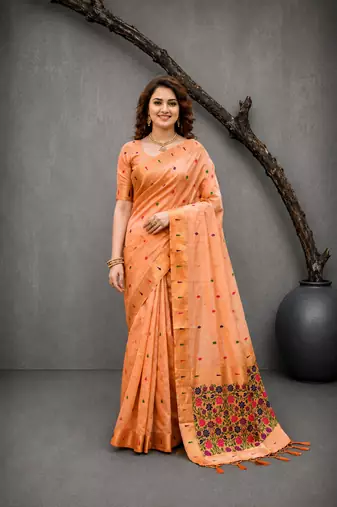Sangam prints peach cotton blend woven work traditional saree