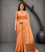 Sangam prints peach cotton blend woven work traditional saree