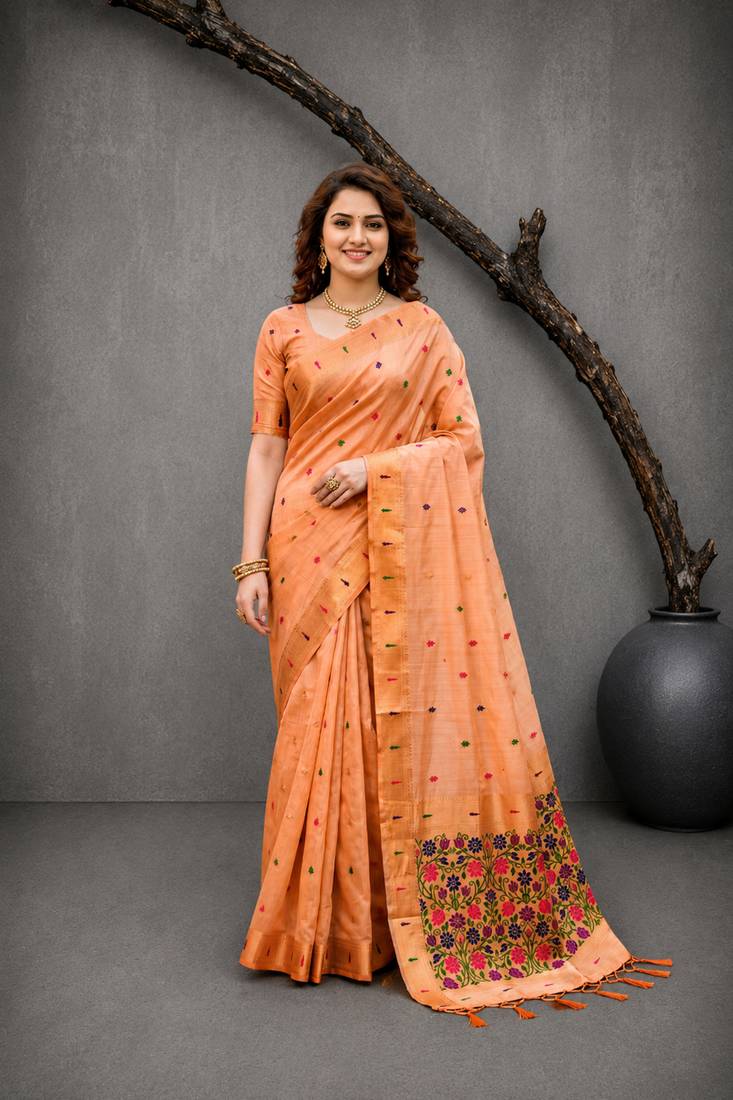 Sangam prints peach cotton blend woven work traditional saree