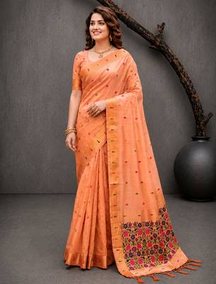 Sangam prints peach cotton blend woven work traditional saree 2