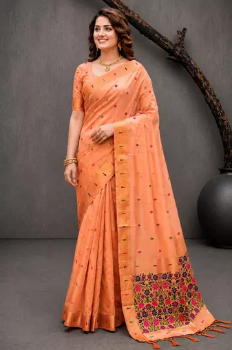 Sangam prints peach cotton blend woven work traditional saree