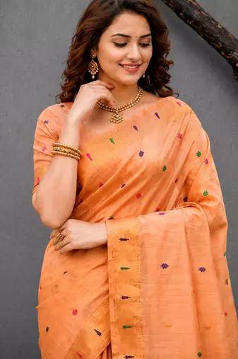 Sangam prints peach cotton blend woven work traditional saree