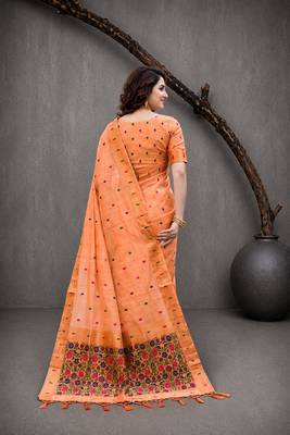 Sangam prints peach cotton blend woven work traditional saree 4