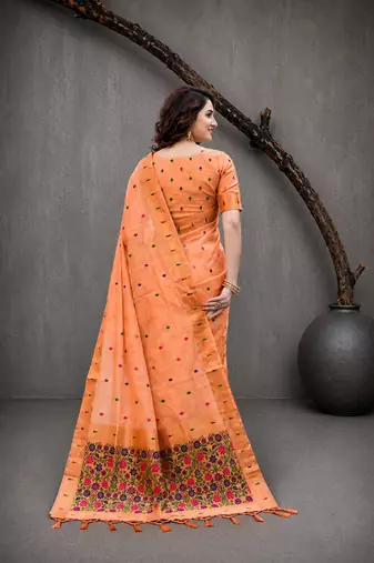Sangam prints peach cotton blend woven work traditional saree