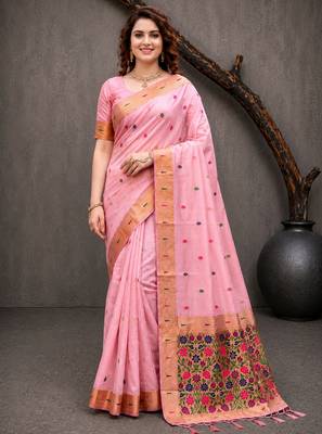 Sangam prints pink cotton blend woven work traditional saree 1