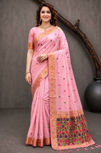 Sangam prints pink cotton blend woven work traditional saree