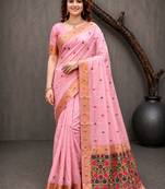 Sangam prints pink cotton blend woven work traditional saree