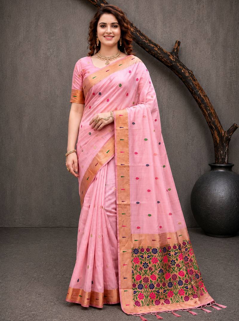 Sangam prints pink cotton blend woven work traditional saree