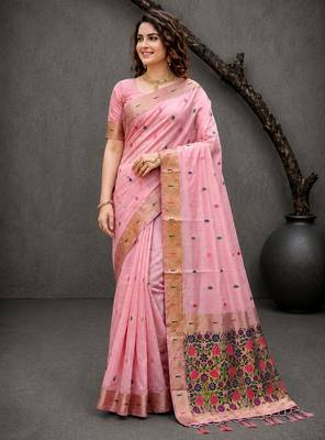Sangam prints pink cotton blend woven work traditional saree 2