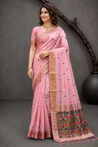 Sangam prints pink cotton blend woven work traditional saree