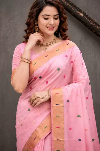 Sangam prints pink cotton blend woven work traditional saree