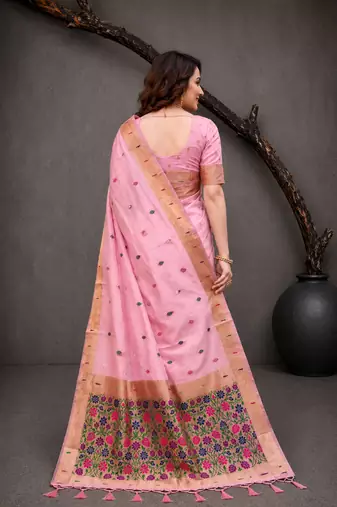 Sangam prints pink cotton blend woven work traditional saree