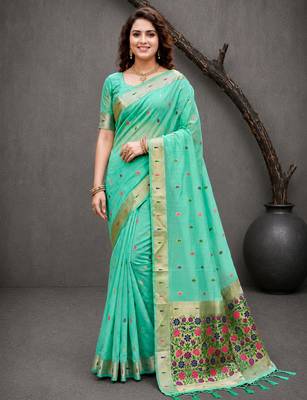 Sangam prints aqua mint green cotton blend woven work traditional saree 1