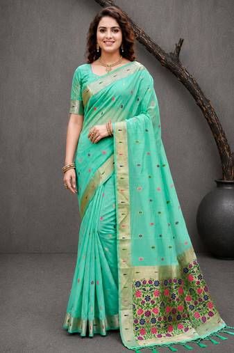 Sangam prints aqua mint green cotton blend woven work traditional saree