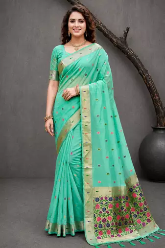 Sangam prints aqua mint green cotton blend woven work traditional saree