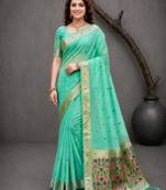 Sangam prints aqua mint green cotton blend woven work traditional saree