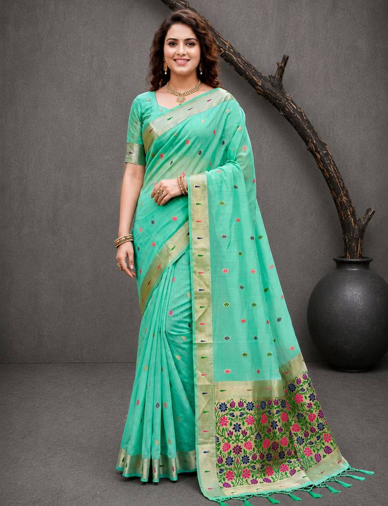 Sangam prints aqua mint green cotton blend woven work traditional saree