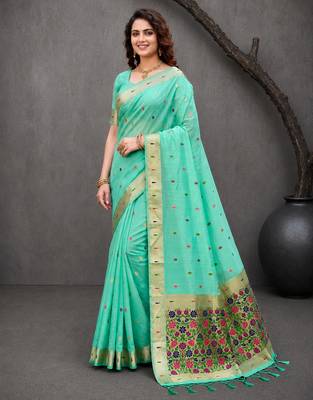 Sangam prints aqua mint green cotton blend woven work traditional saree 2