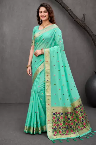 Sangam prints aqua mint green cotton blend woven work traditional saree
